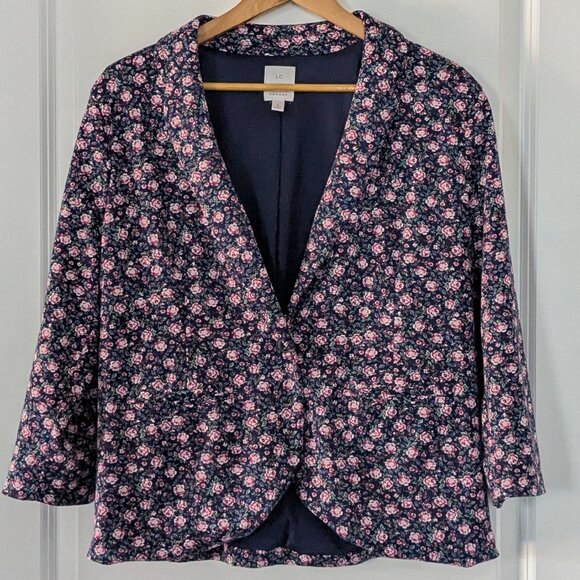 Lauren Conrad Blazer Women's Large Blue Pink Floral Roses Fitted One-Button LC - Picture 8 of 16